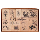 Globleland Beech Wooden Stamp Sets, with Rubber, for Scrapbooking, Cuboid with Cube, BurlyWood, Packing Box: 14x8.5x3cm, 12pcs/set