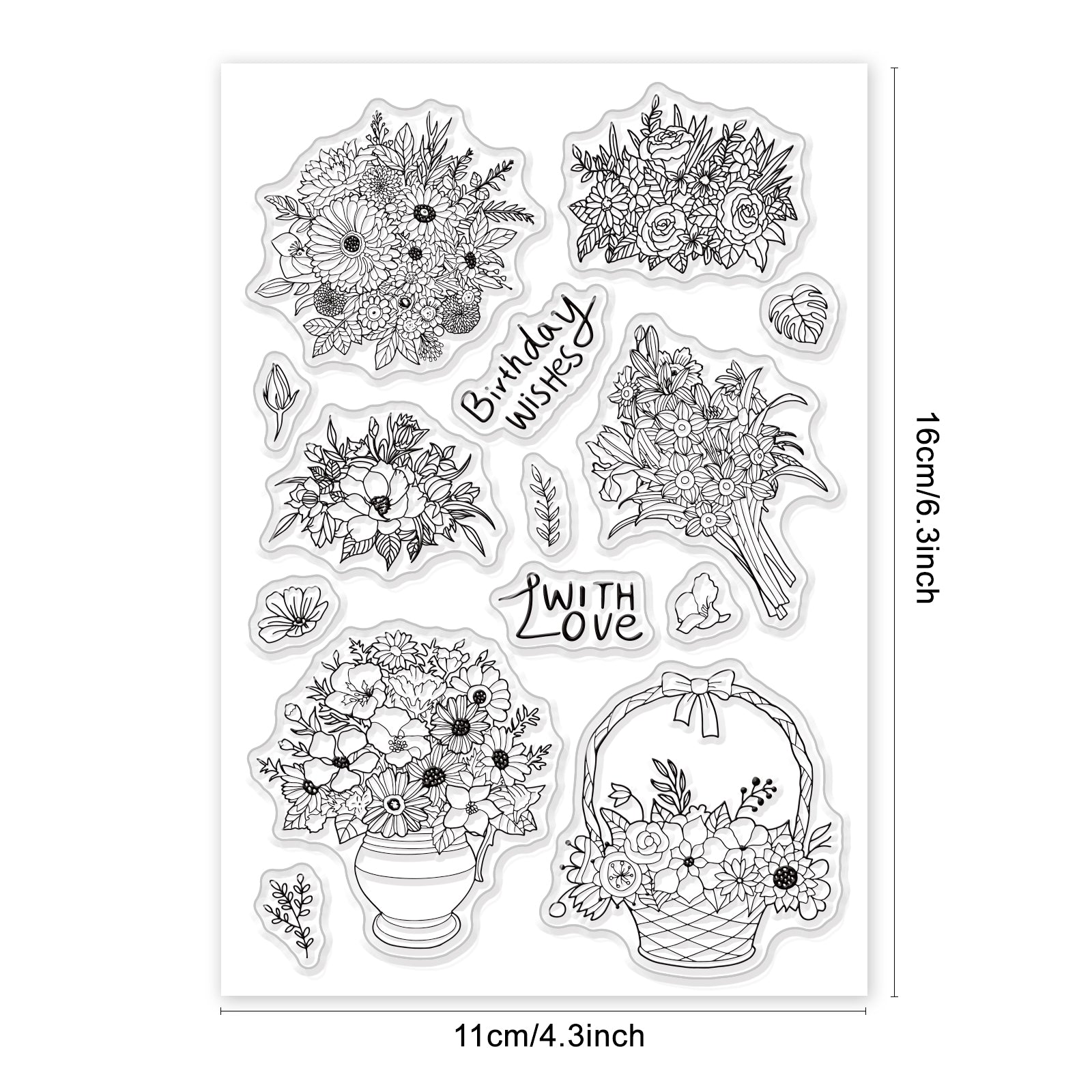 GLOBLELAND Birthday Wishes Flowers Clear Stamps Transparent Silicone Stamp for Card Making Decoration and DIY Scrapbooking