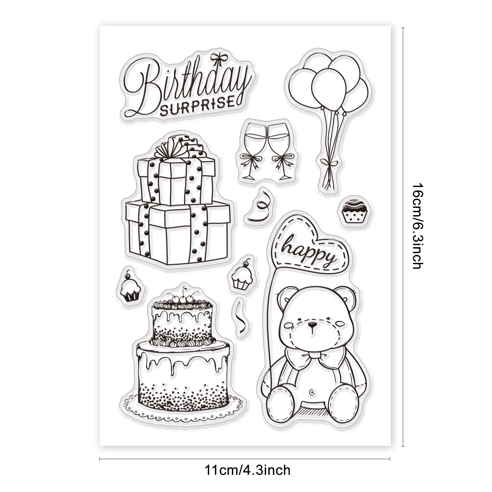 GLOBLELAND Happy Birthday Clear Stamps Silicone Stamp Cards Cake Gift Bear Balloon Blessing Words Clear Stamps for Card Making Decoration and DIY Scrapbooking