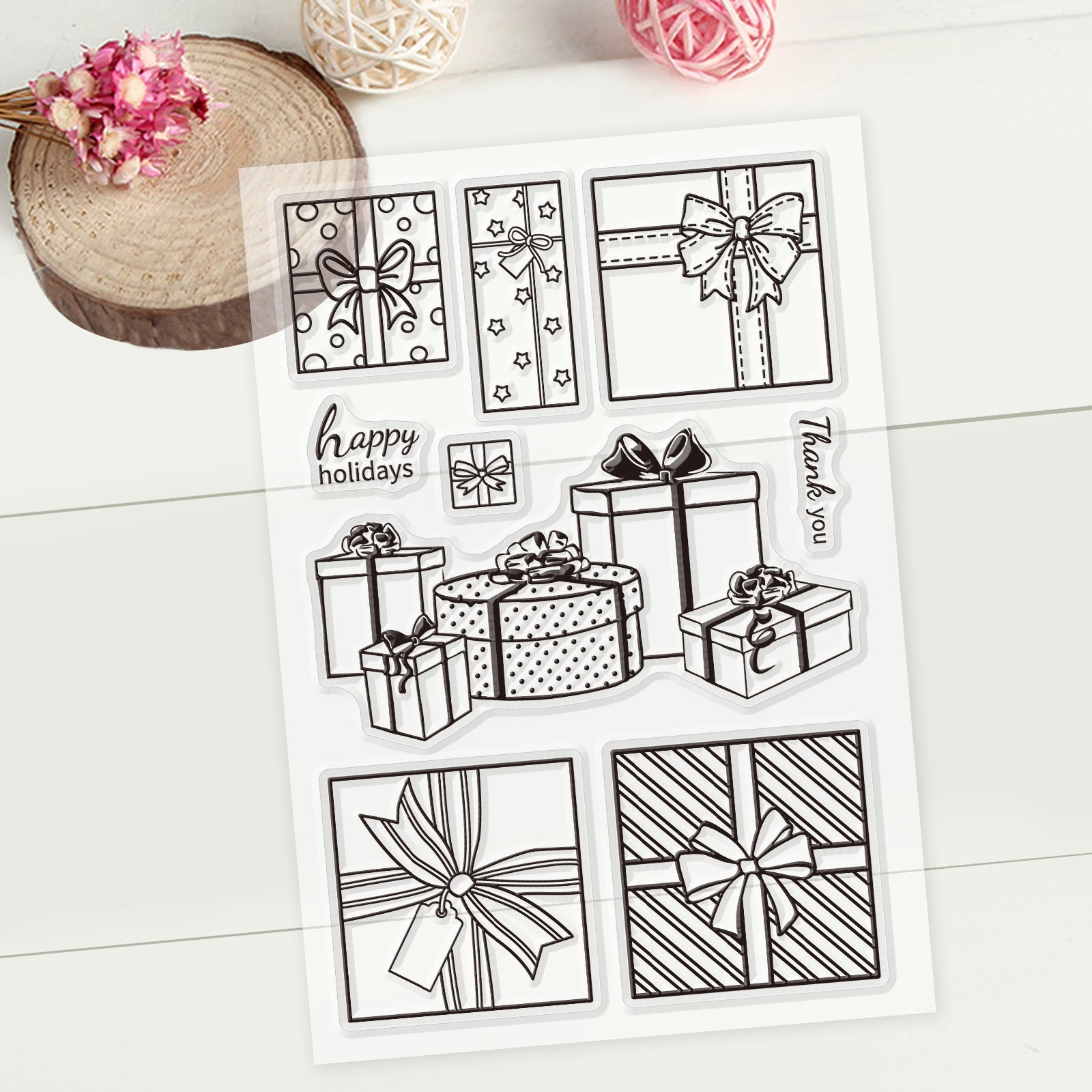 GLOBLELAND Gift Box Happy Birthday Clear Stamps Silicone Stamp Cards Happy Holiday Clear Stamps for Card Making Decoration and DIY Scrapbooking