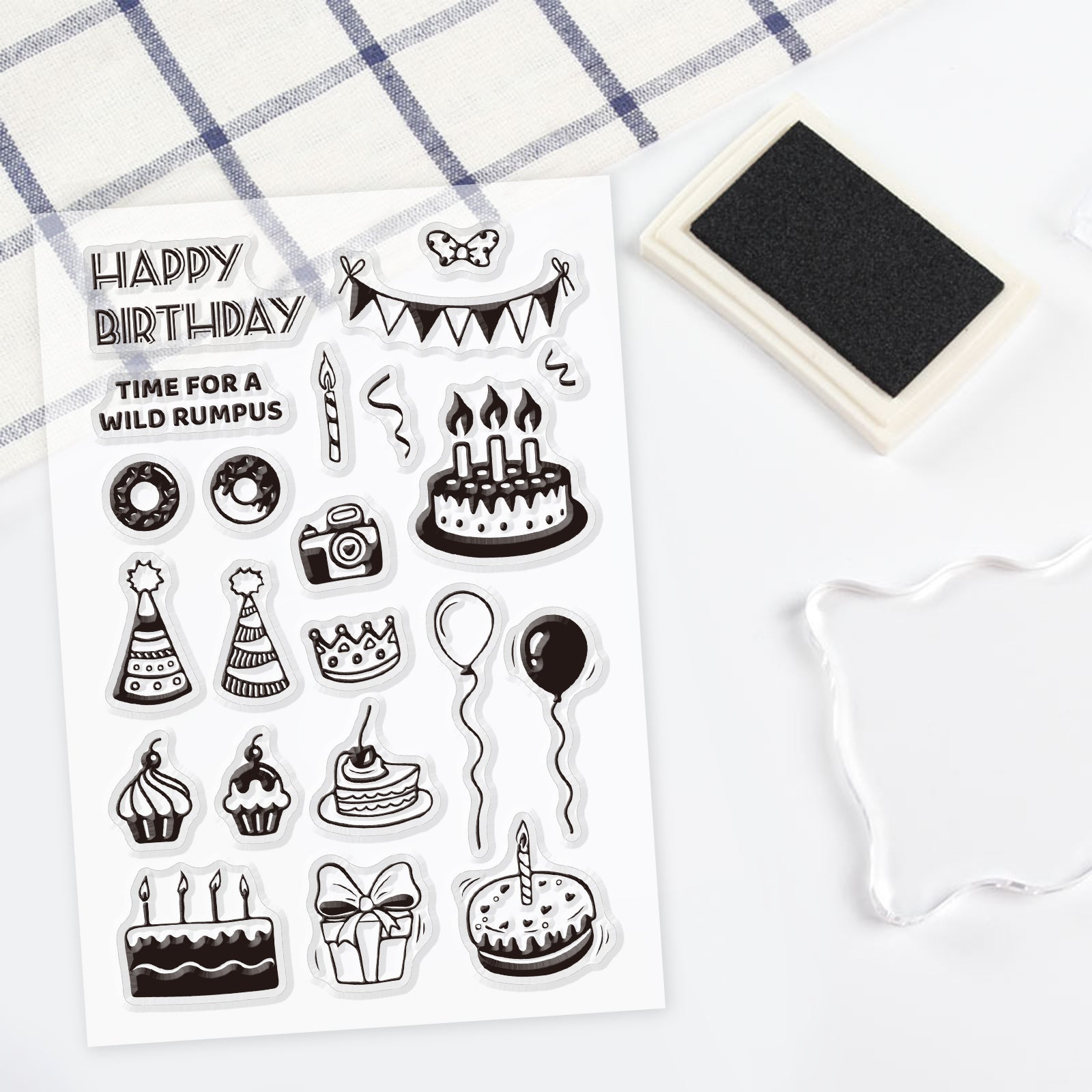 GLOBLELAND Happy Birthday Clear Stamps Silicone Stamp Cards Banner Birthday Hat Cake Balloon Clear Stamps for Card Making Decoration and DIY Scrapbooking
