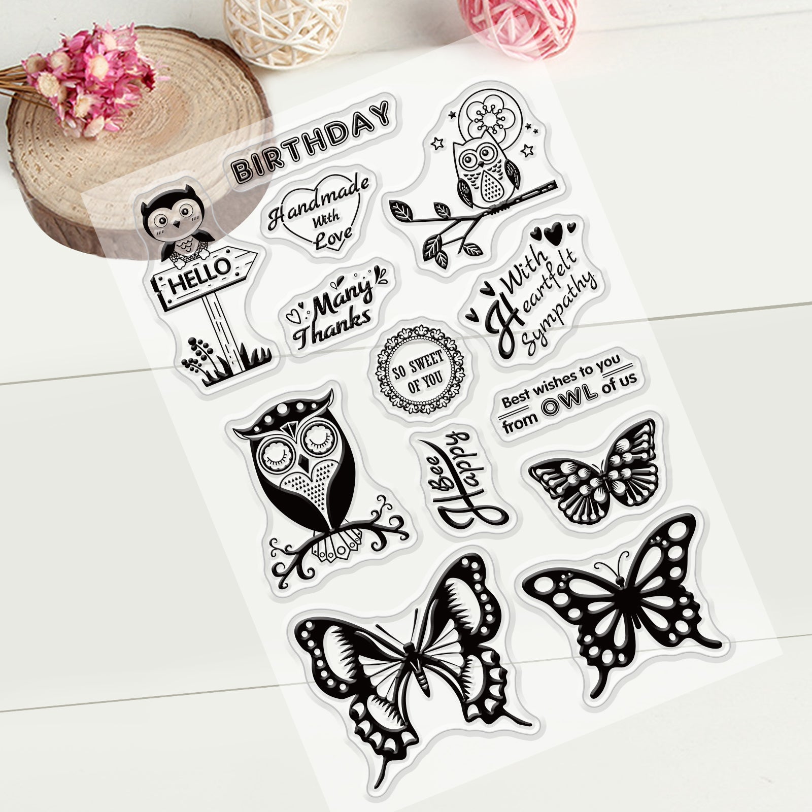 GLOBLELAND Owl Butterfly Animal Clear Stamps Silicone Stamp Cards with Greeting Words Pattern for Card Making Photo Album Decoration and DIY Scrapbooking