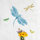 Globleland Large Plastic Reusable Drawing Painting Stencils Templates, for Painting on Scrapbook Fabric Tiles Floor Furniture Wood, Square, Dragonfly Pattern, 300x300mm