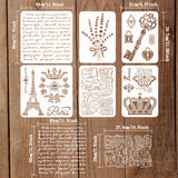 Globleland FINGERINSPIRE 6Pcs 6 Styles PET Hollow Out Drawing Painting Stencils Sets, for DIY Scrapbook, Photo Album, Word & Bouquet & Key & Lock & Eiffel Tower & Crown & Stamp, Mixed Patterns, 29.7~30x21~30cm, 1pc/style