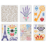 Globleland FINGERINSPIRE 6Pcs 6 Styles PET Hollow Out Drawing Painting Stencils Sets, for DIY Scrapbook, Photo Album, Word & Bouquet & Key & Lock & Eiffel Tower & Crown & Stamp, Mixed Patterns, 29.7~30x21~30cm, 1pc/style