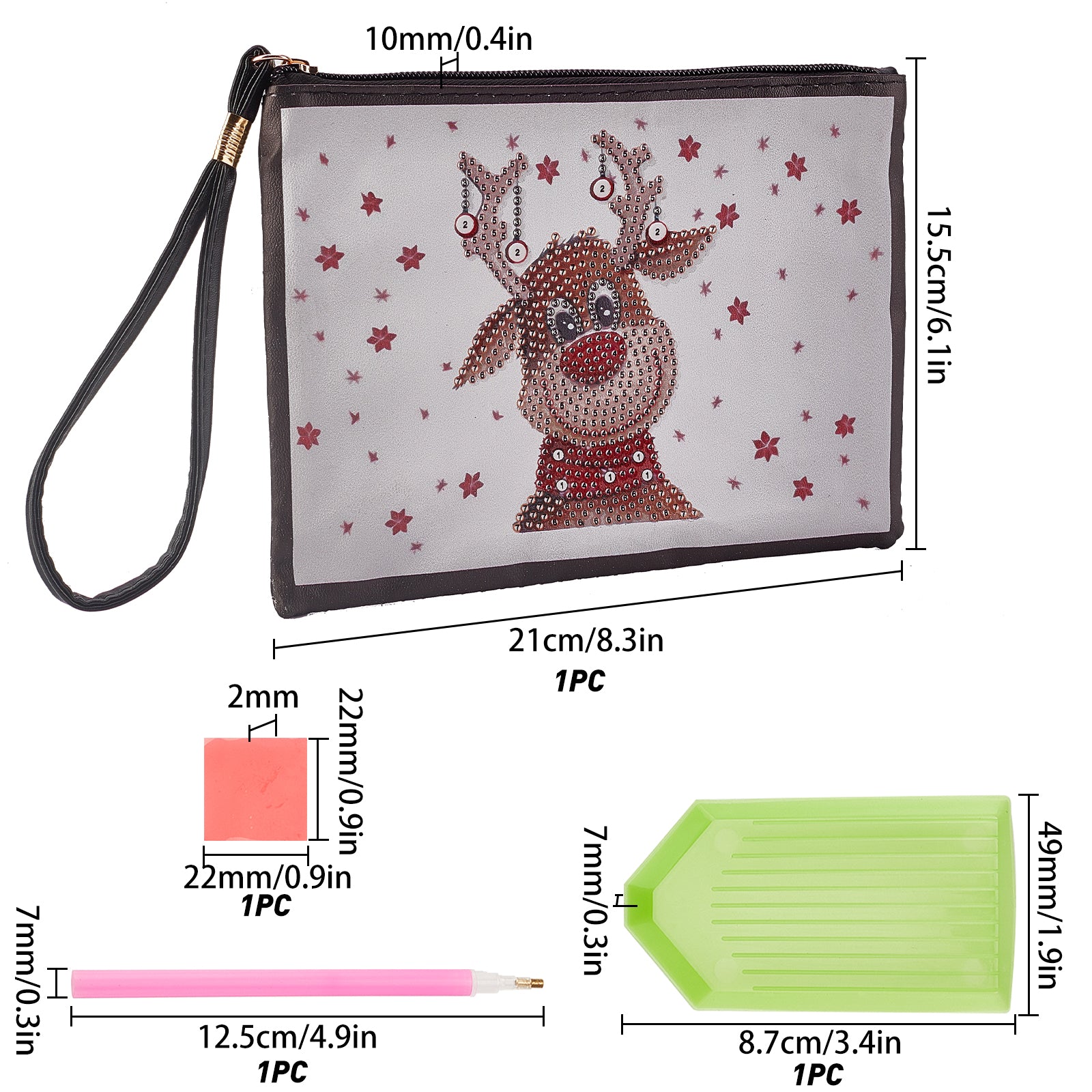 Globleland DIY Diamond Painting Stickers Kits, with Diamond Painting Bag, Rhinestones, Diamond Sticky Pen, Tray Plate and Glue Clay, Elk Christmas Reindeer/Stag, White, 22~155x22~220x2~10mm, 5pcs/set