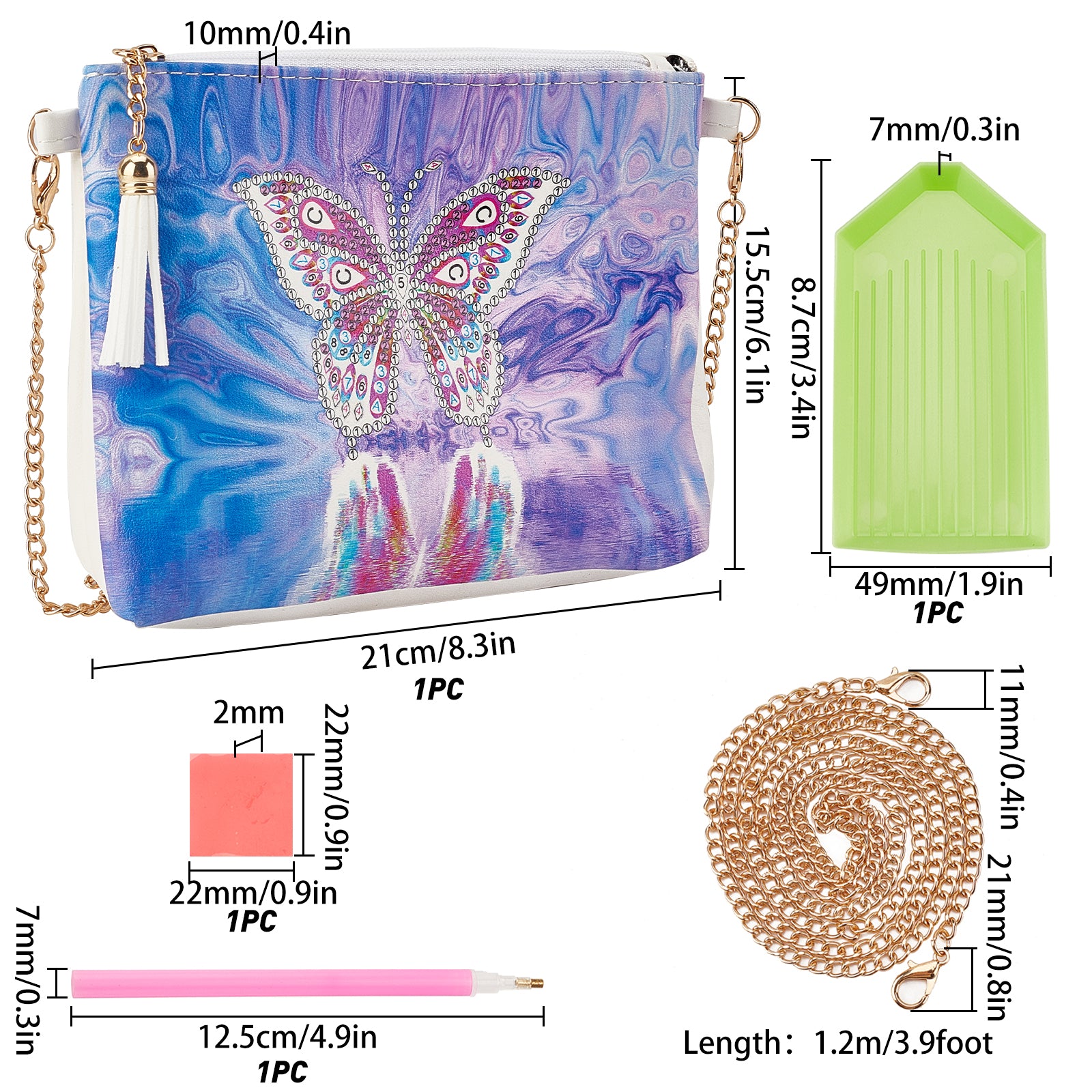 Globleland DIY Diamond Painting Stickers Kits, with Diamond Painting Bag, Rhinestones, Diamond Sticky Pen, Tray Plate and Glue Clay, Iron Curb Chain Bag Tape, Butterfly, Mauve, 22~150x22~210x2~35mm, 17pcs/set
