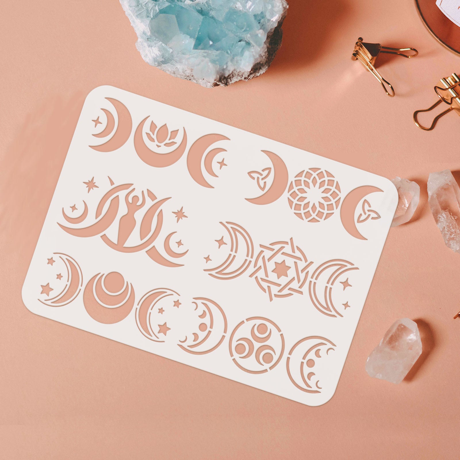 Globleland Plastic Reusable Drawing Painting Stencils Templates, for Painting on Fabric Tiles Floor Furniture Wood, Rectangle, Moon Pattern, 297x210mm