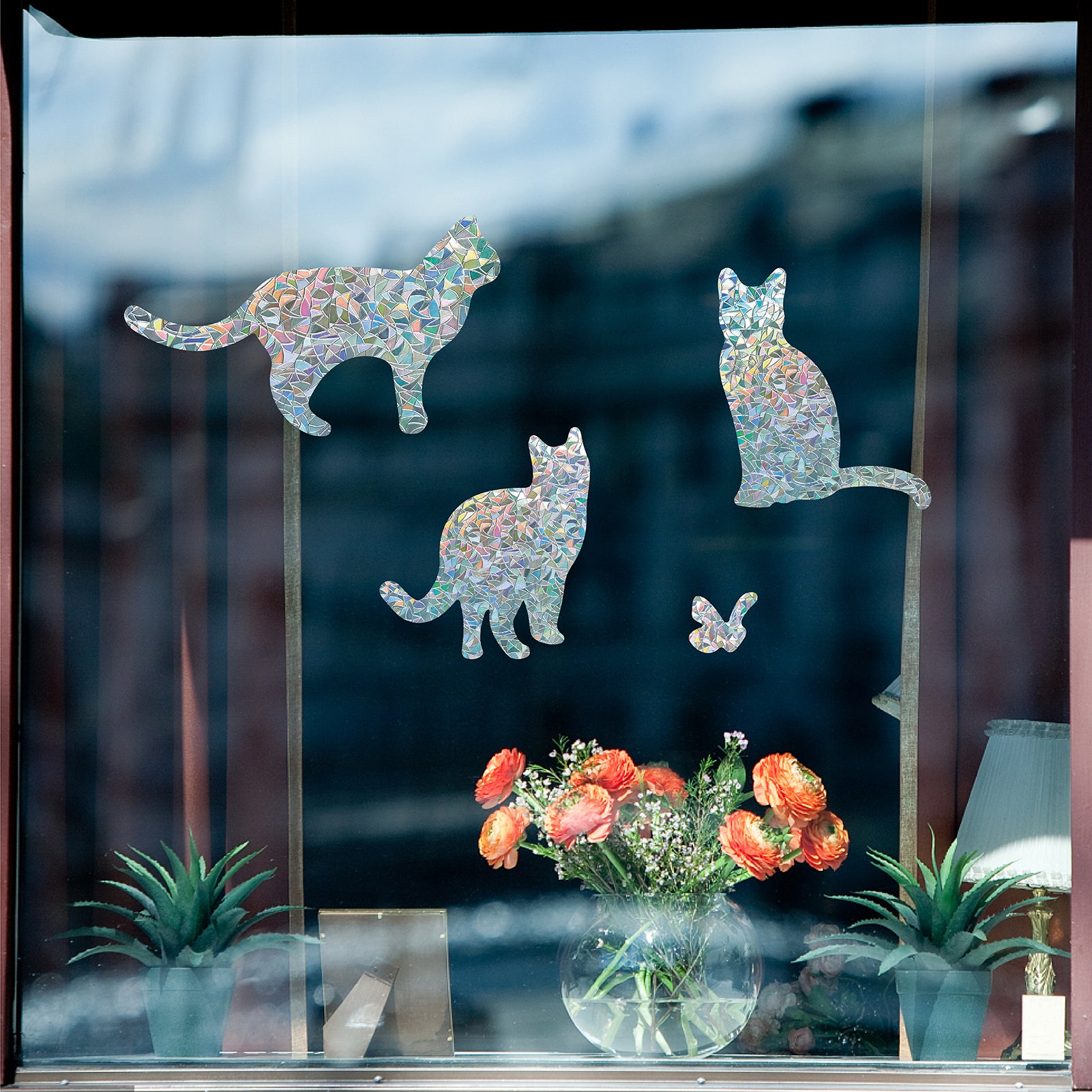 Globleland Waterproof PVC Colored Laser Stained Window Film Adhesive Stickers, Electrostatic Window Stickers, Cat & Insect, Mixed Patterns, 36~196x32~203mm, about 29pcs/set