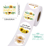 Globleland Thank You Sticker, Coated Paper Adhesive Stickers, Flat Round with Word, Sunflower Pattern, 4x4cm, 500pcs/roll