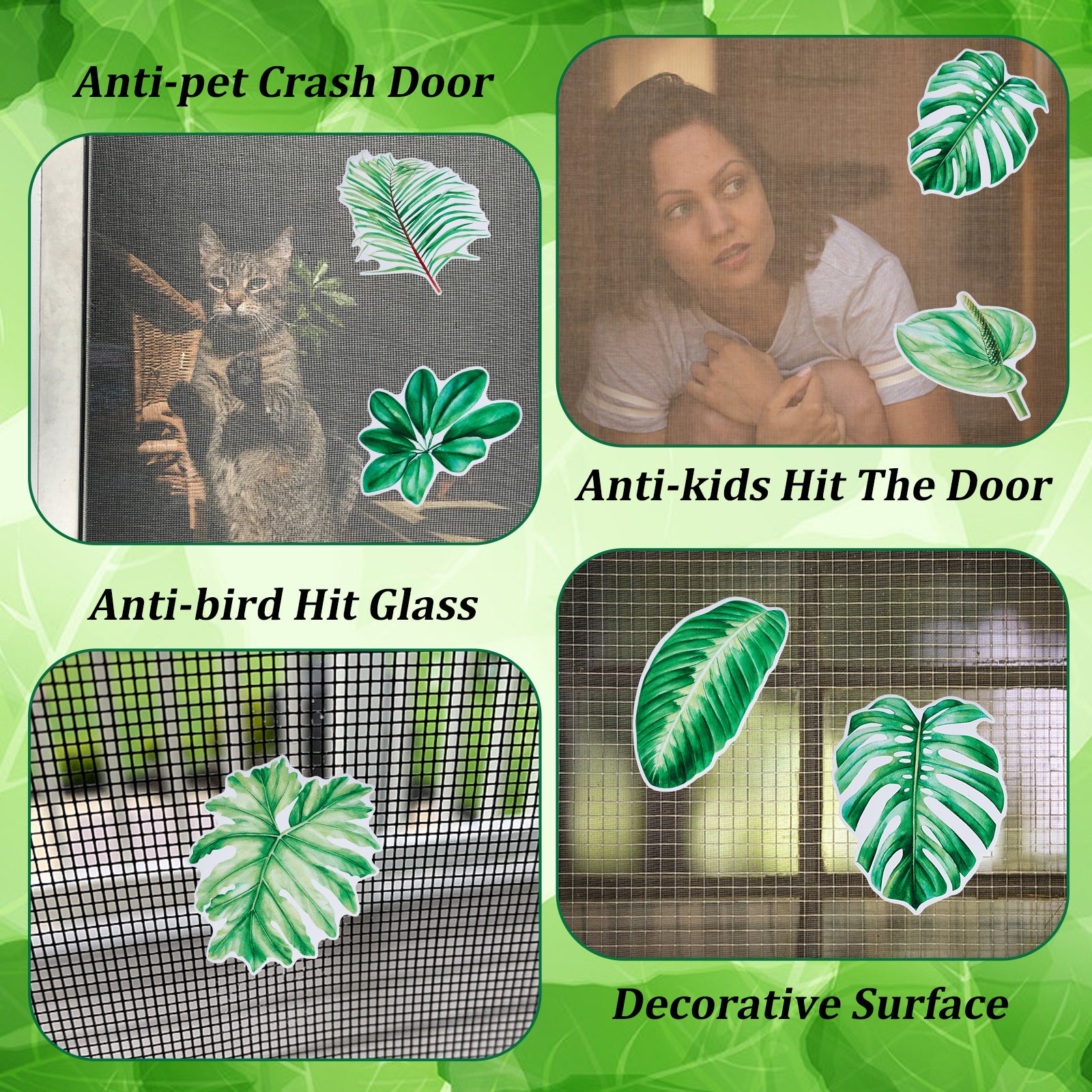 Globleland Waterproof PVC Anti-collision Window Stickers, Glass Door Protection Window Stickers, Mixed Leaf Patterns, Lime Green, 9~14x6.8~14.2x0.05cm, 12pcs/set
