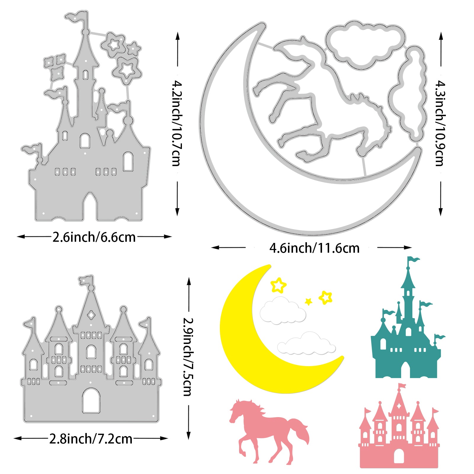 Globleland 3Pcs 3 Styles Carbon Steel Cutting Dies Stencils, for DIY Scrapbooking, Photo Album, Decorative Embossing Paper Card, Stainless Steel Color, Castle & Moon & Horse Pattern, Mixed Patterns, 75~116x72~109x0.8mm, 1pc/style