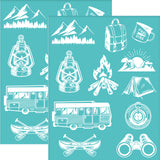 Globleland Self-Adhesive Silk Screen Printing Stencil, for Painting on Wood, DIY Decoration T-Shirt Fabric, Turquoise, Camping Themed Pattern, 280x220mm