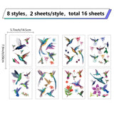 Globleland 16 Sheets 8 Styles PVC Waterproof Wall Stickers, Self-Adhesive Decals, for Window or Stairway Home Decoration, Rectangle, Bird Pattern, 200x145mm, about 2 sheets/style