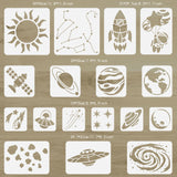 Globleland 17Pcs 17 Styles PET Hollow Out Drawing Painting Stencils Sets, for DIY Scrapbook, Photo Album, Sun & Rocket & Planet & Spaceman Pattern, Universe Themed Pattern, 150~300x150~300mm, about 1pc/style