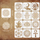 Globleland 12Pcs 12 Styles PET Hollow Out Drawing Painting Stencils Sets, for DIY Scrapbook, Photo Album, Tree & Chakra & Flower & Sun & Moon, Mixed Patterns, 150x150mm, 1pc/style