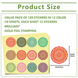 Globleland Paper Self Adhesive Gold Foil Embossed Stickers, Colorful Round Dot Decals for Seal Decoration, DIY ScrapbookScrapbook, Flower Pattern, 50x50mm, 12pcs/sheet, 10 sheets/set