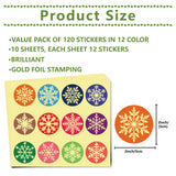 Globleland Paper Self Adhesive Gold Foil Embossed Stickers, Colorful Round Dot Decals for Seal Decoration, DIY ScrapbookScrapbook, Snowflake Pattern, 50x50mm, 12pcs/sheet, 10 sheets/set
