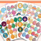 Globleland 16 Sheets 8 Styles Paper Easter Stickers, Adhesive Labels Stickers, Gift Tag, for Envelopes, Party, Presents Decoration, Flat Round with Easter Egg & Word Pattern, Colorful, 180x130mm, Sticker: 37x37mm, 2 sheets/style