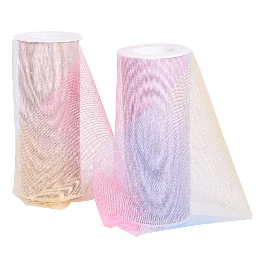 Globleland 2 Rolls Glitter Tulle Pink Tulle Fabric Rolls 6 inch x 10  Yards(30 feet) for Decoration Bows, Craft Making, Wedding Party Ribbon - 20  Yards in Total