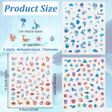 Globleland 12 Sheets 3 Style Waterproof Ocean Theme PET Nail Art Stickers, Self-adhesive, for DIY Nail Decals Design Manicure Decor, Mixed Color, 133x83x0.5mm, 4sheets/style