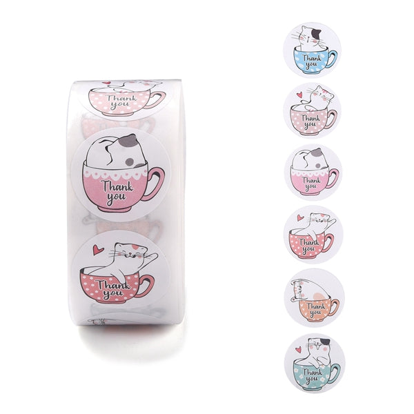 Globleland 500 Adorable Round Cartoon Stickers in 6 Designs, Adhesive Label Roll Stickers, Cat Pattern, 0.98 inch(2.5cm), 500pcs/roll