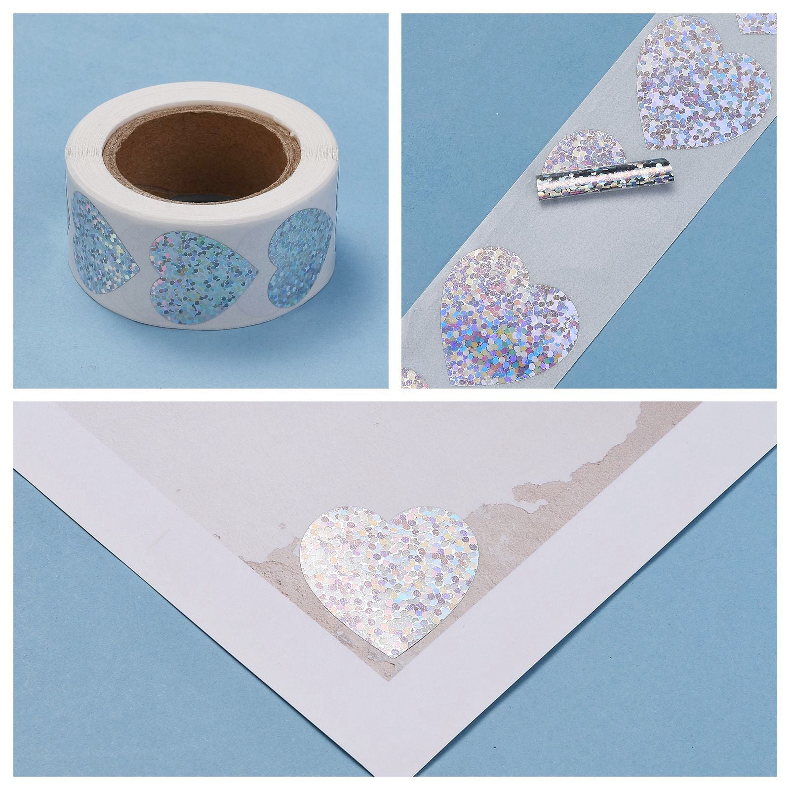 Globleland Heart Shaped Laser Stickers Roll, Valentine's Day Sticker Adhesive Label, for Decoration Wedding Party Accessories, Silver, 25x25mm, 500pcs/roll