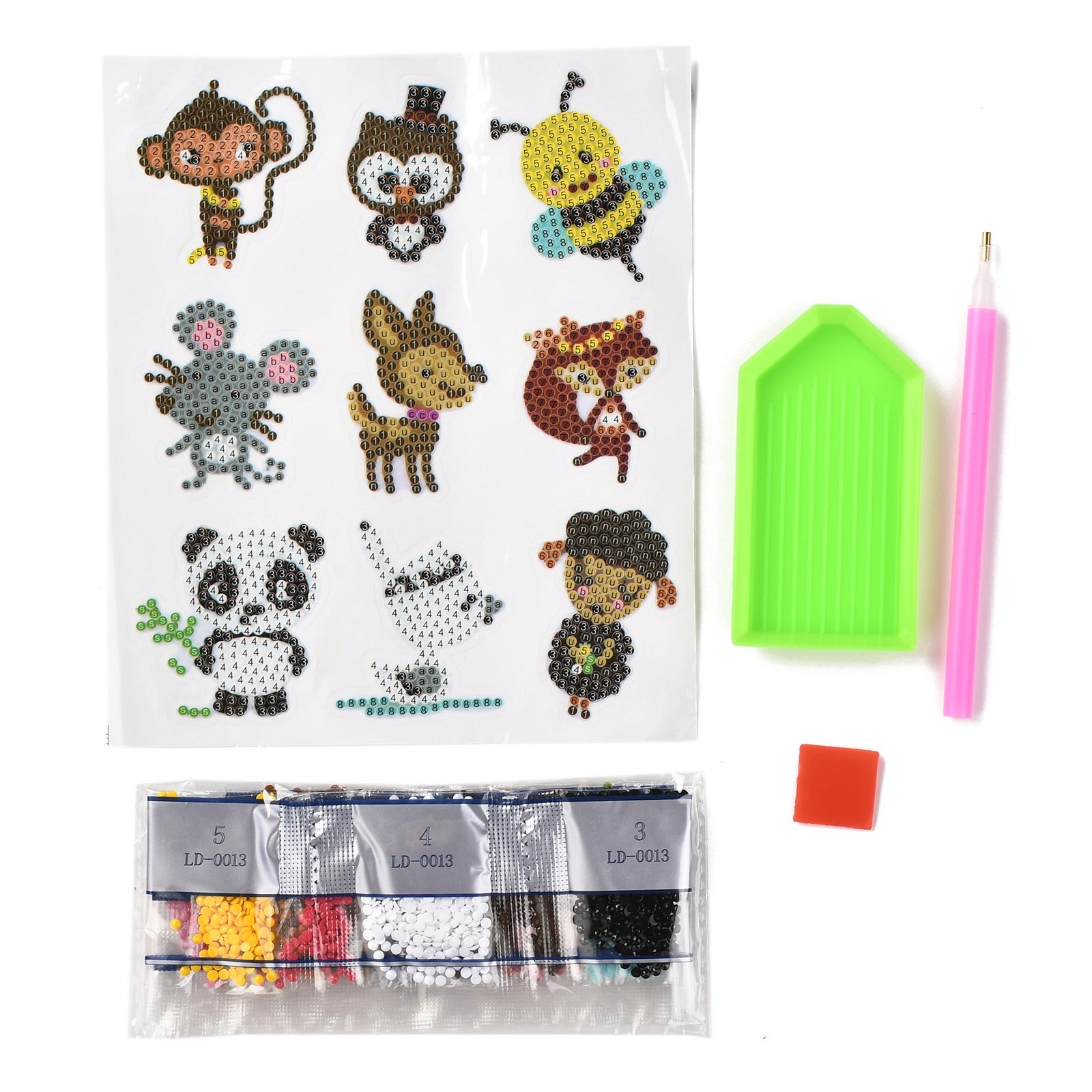 Globleland DIY Animal Theme Diamond Painting Stickers Kits For Kids, with Diamond Painting Stickers, Rhinestones, Diamond Sticky Pen, Tray Plate and Glue Clay, Mixed Color, 18x15.3x0.03cm