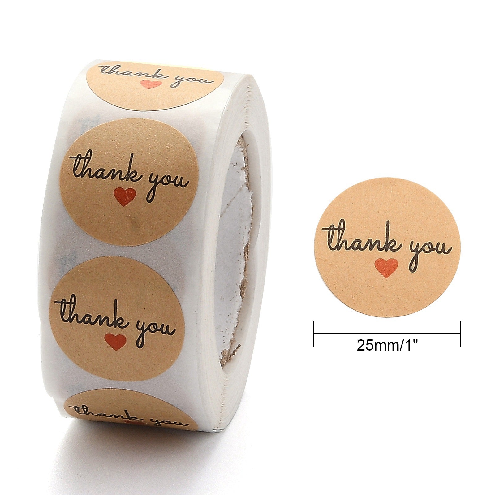Globleland 1 Inch Thank You Stickers, Self-Adhesive Paper Gift Tag Stickers, Adhesive Labels On A Roll for Party, Christmas Holiday Decorative Presents, Word Thank You, BurlyWood, Sticker: 25mm, 500pcs/roll